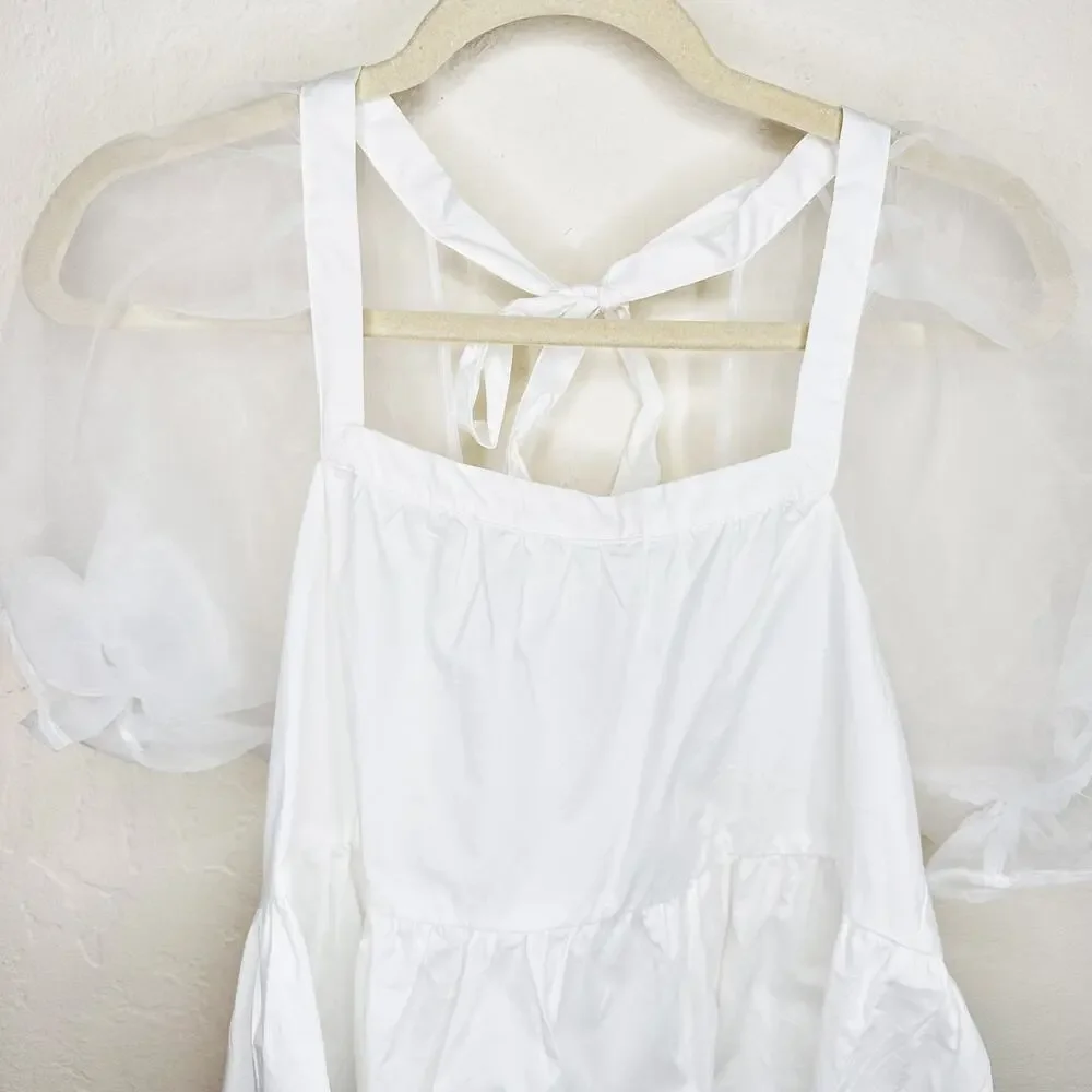 Pomander Place Tuckernuck Tinsley White Sheer Puff Sleeve Blouse Top Small